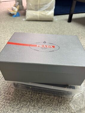 Authentic Prada Gray Box with Red Stripe Logo